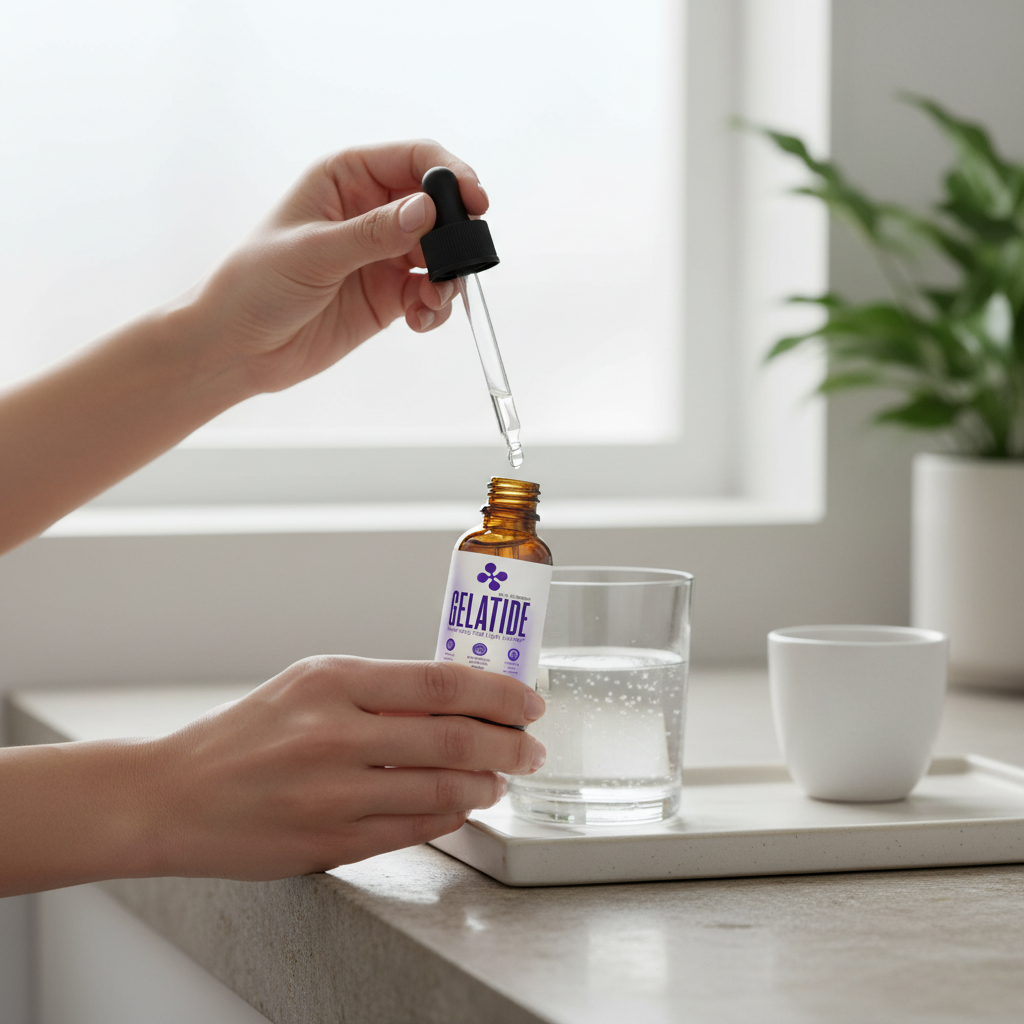 Person using a dropper to add liquid from a Belatoe bottle into a glass on a light-colored surface.